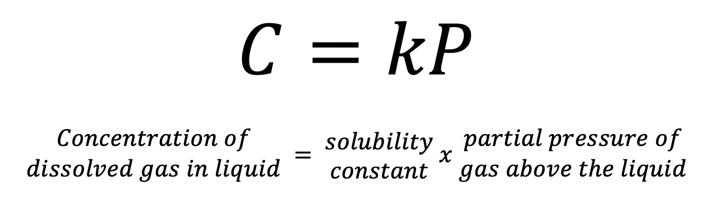 Henry's Law showing that the concentration of dissolves gas in a liquid equals the solubility constant multiplied by the partial pressure of the gas above the liquid