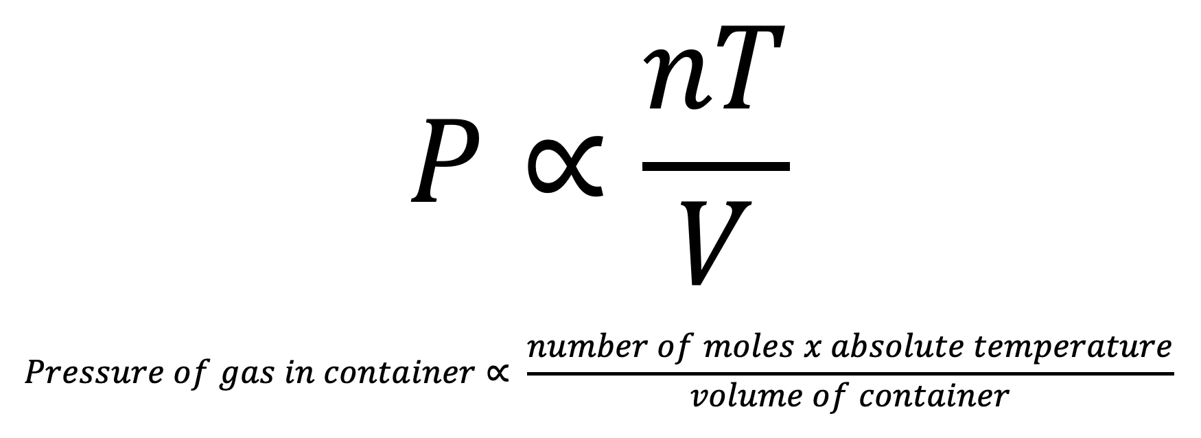 Ideal gas law to calculate pressure of a gas in a container showing pressure of gas is proportional to number of moles of the gas multiplied by absolute temperate divided by the volume of the container